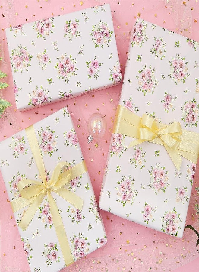 Geluode Flower Wrapping Paper and Ribbon Set for Girls Lady Women, 4 Sheets Rose Floral Bridal Shower Engagement Gift Wrap For Birthday Wedding Mother's Day Anniversary Valentine's Day or Any Occasion - Image 3